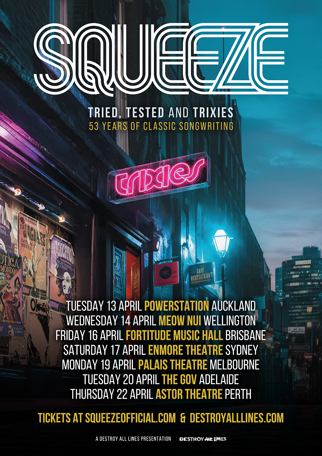 Squeeze band tour poster for 'Tried, Tested and Trixies' featuring Australia and New Zealand concert dates against a glowing neon street scene.